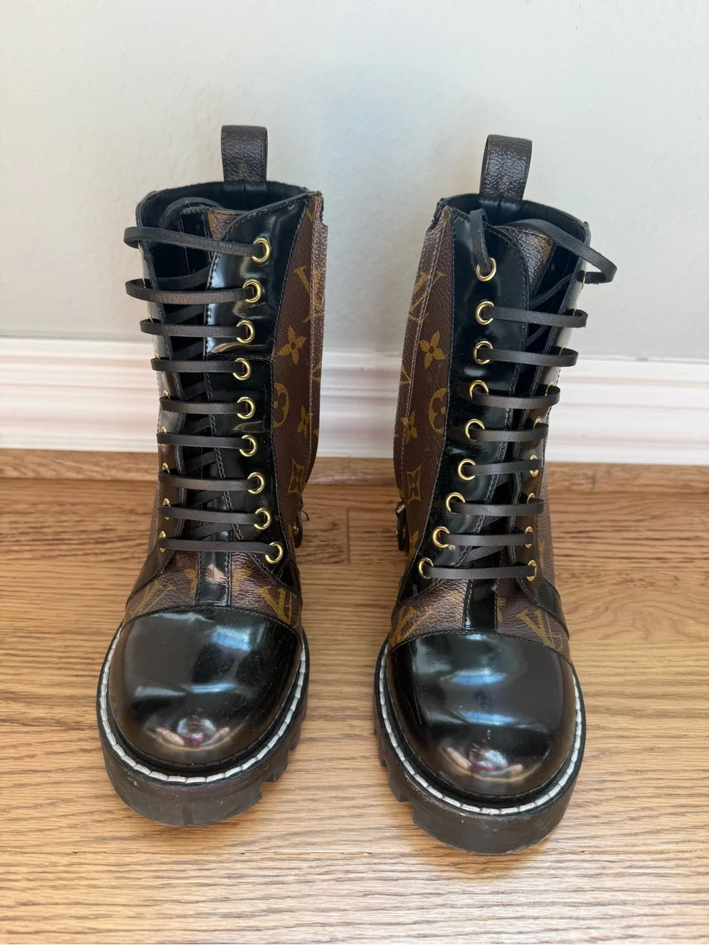 Louis Vuitton Black and Brown Monogram Lace-Up Block Heel Boots
